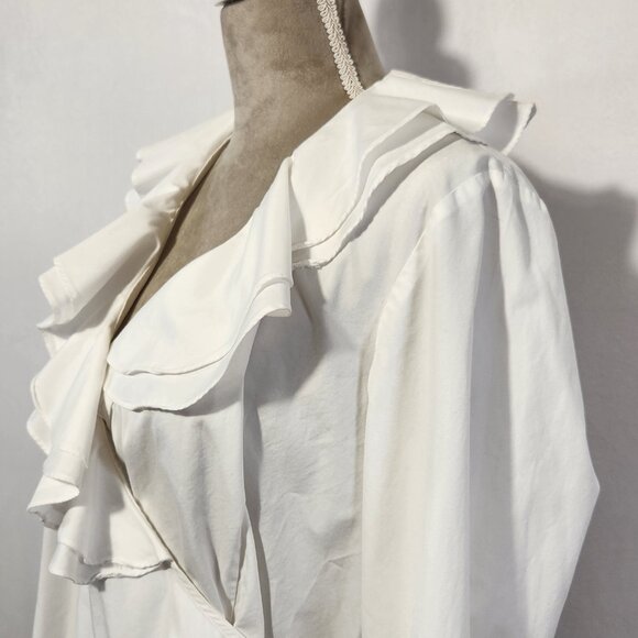 Lauren Ralph Lauren Women's Large White Ruffle Deep V Neck Long Sleeve Wrap Top - Picture 7 of 14